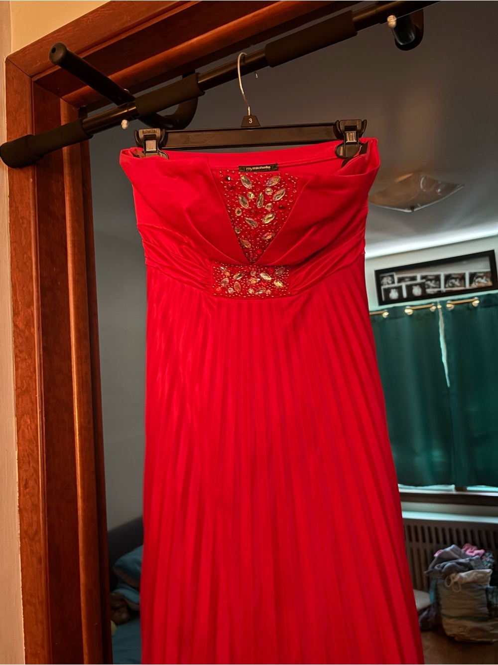 My Michelle Strapless Red Evening Dress with Crystal Embellishment
